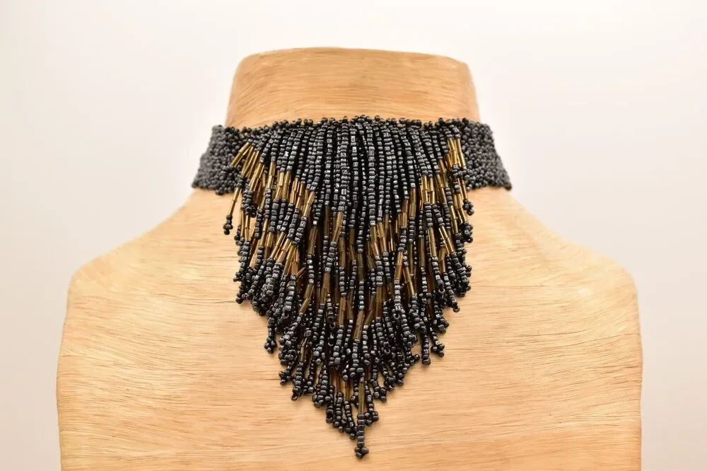 Vintage Statement Choker Necklace Fringe Bib Collar Beaded Gray Chunky 90s BinBE